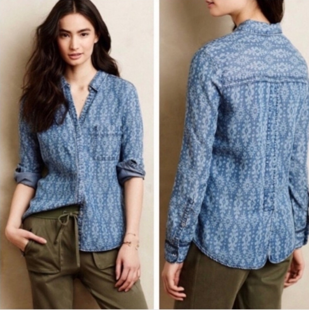 Anthropologie Holding Horses Split Back  Ikat Print Chambray Shirt Size 0
